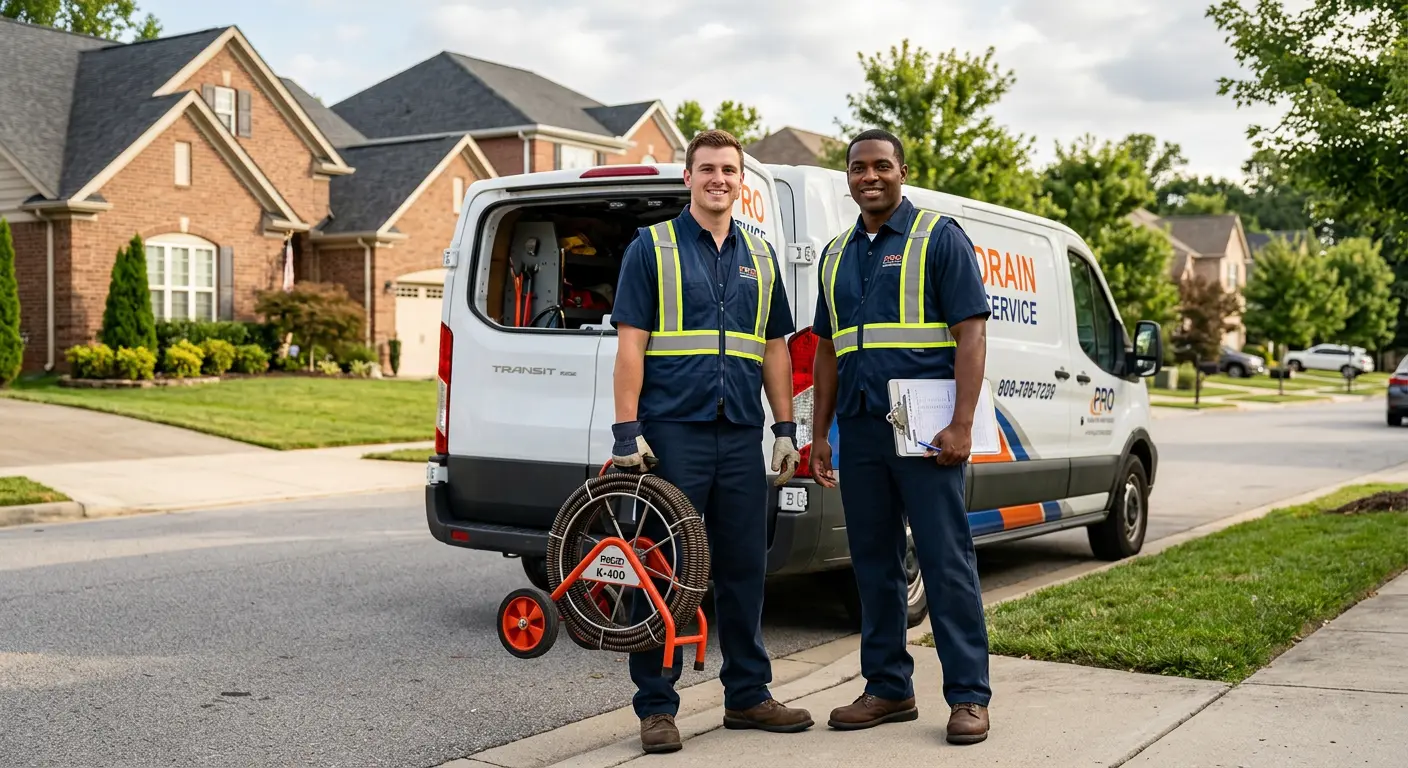 Sewer and drain service team with equipment ready for work in Tea