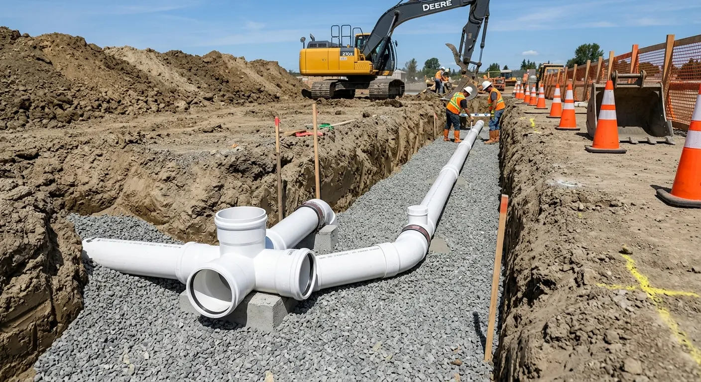 New PVC sewer pipe installation in open trench for Commercial Drain Cleaning in Tea