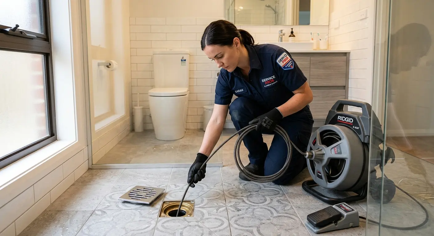 Technician clearing a bathroom floor drain for Clogged Drain Repair in Tea
